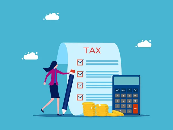 Vergi Veya Giderlerini Hesapla Şadamı Kalem Vektörüyle Vergi Belgelerini Kontrol — Stok Vektör