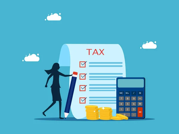 Vypočítejte Daňové Nebo Obchodní Náklady Žena Kontroluje Daňové Doklady Pomocí — Stockový vektor