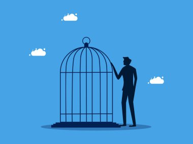 Özgürlük ya da rezervasyon eksikliği. Kafesli adam. iş konsepti vektörü