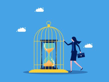 Zaman kısıtlı özgürlük. Zamanın değerinden. İş kadını saati kuş kafesi vektörüne kilitliyor