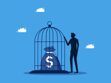 Kilit parası. Adam para çantasını kuş kafesine kilitliyor. finans ve yatırım vektörü kavramı