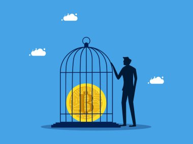 Dijital para birimini kilitle. Adam dijital paraları kuş kafesine kilitliyor. finans ve yatırım vektörü kavramı