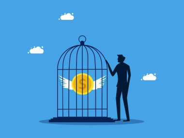 Parayı sakla ya da kontrol et. Adam bozuk parayı kuş kafesine kilitliyor. finans ve yatırım vektörü kavramı