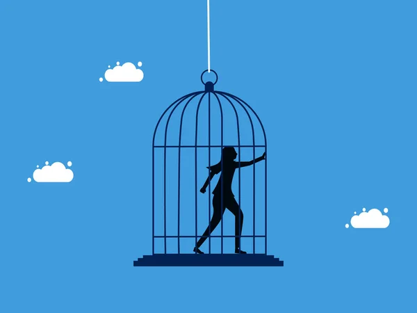 Donna Affari Una Gabbia Uccelli Incarcerazione Mancanza Libertà Zona Comfort — Vettoriale Stock