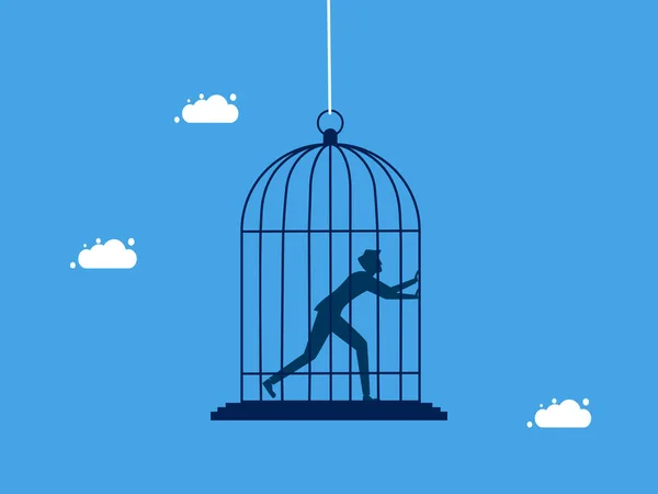 Homem Numa Gaiola Pássaros Prisão Falta Liberdade Zona Conforto Conceito — Vetor de Stock