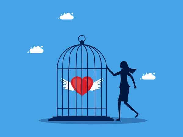 女人把他的心锁在笼子里 拒绝透露他的心脏 缺乏思想自由 — 图库矢量图片