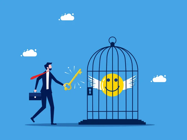 Szabadság Vagy Boldogság Munka Világában Üzletember Használja Kulcsot Hogy Kiadja — Stock Vector