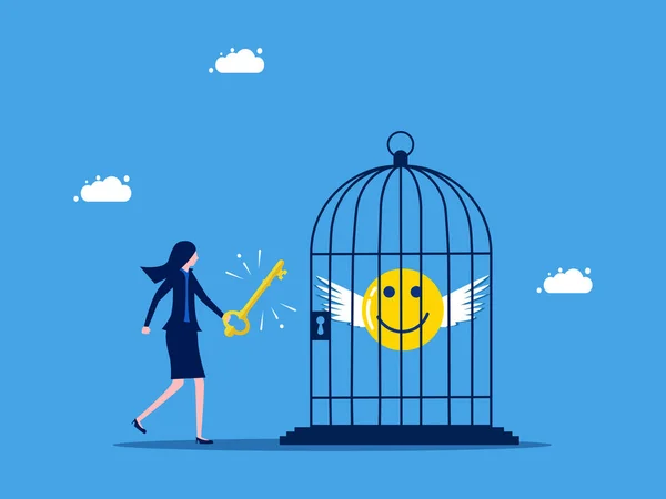 职业生活中的自由或幸福 女商人用钥匙释放笼中的快乐 — 图库矢量图片