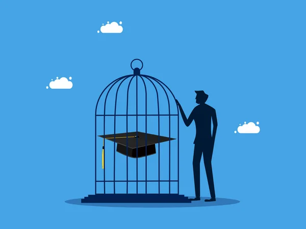 Έλεγχος Και Διατήρηση Της Γνώσης Επιχειρηματίας Κλειδώνει Καπέλο Της Αποφοίτησής — Διανυσματικό Αρχείο