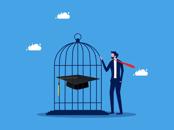 Έλεγχος Και Διατήρηση Της Γνώσης Επιχειρηματίας Κλειδώνει Καπέλο Της Αποφοίτησής — Διανυσματικό Αρχείο