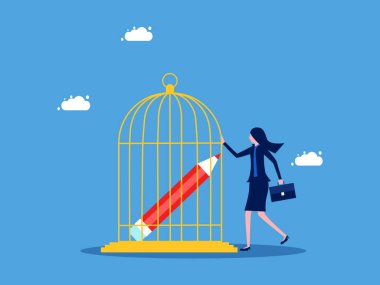 Yaratıcı özgürlük eksikliği. İş kadını kafes vektöründe bir kalem tutuyor.