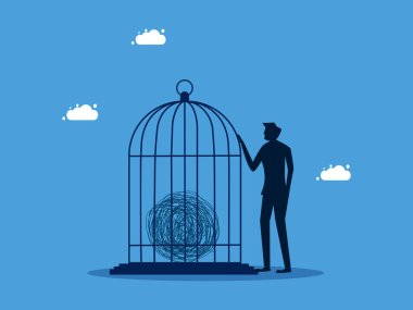 Kaos kontrolü. Adam kuş kafesine kaos kilitleme sorunu yaşıyor. iş vektörü konsepti