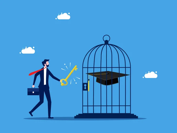 打开教育成功之门 商人用一把钥匙把毕业帽扔在鸟笼里 业务概念向量 — 图库矢量图片