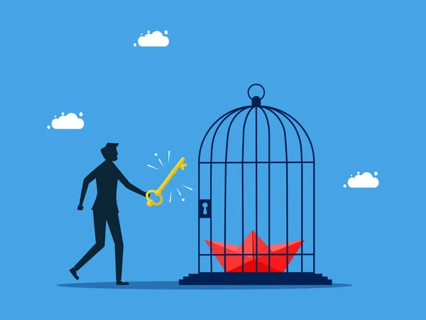 Concept Leadership Confinement Homme Emprisonnant Bateau Papier Dans Vecteur Cage — Image vectorielle