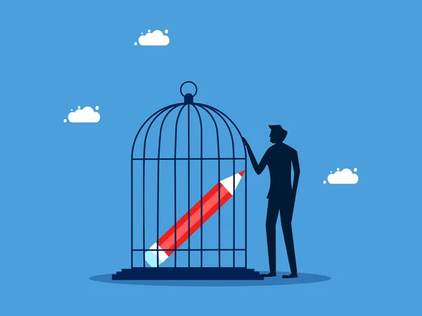 Manque Liberté Créative Homme Garde Crayon Dans Une Cage Vecteur — Image vectorielle
