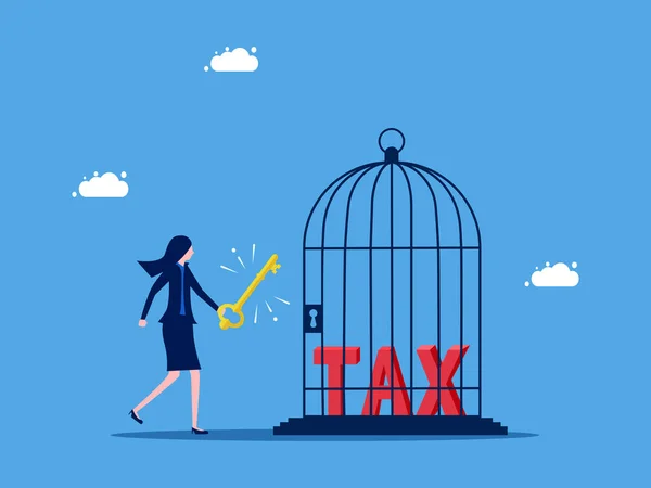 Steuern Freisetzen Geschäftsfrau Entriegelt Steuern Einem Vogelkäfig Geschäftskonzeptvektor — Stockvektor