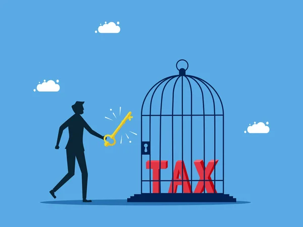 Steuern Freisetzen Mann Entriegelt Steuern Einem Vogelkäfig Geschäftskonzeptvektor — Stockvektor