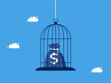 Para kontrolü. Para dolu çantaların bir kuş kafesine kapatılması ya da alıkonulması. finans ve yatırım vektörü kavramı