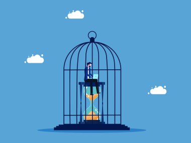 Zaman tuzağı çalışıyor. İş adamı kuş kafesinde dizüstü bilgisayarda kum saati vektörüyle çalışıyor.