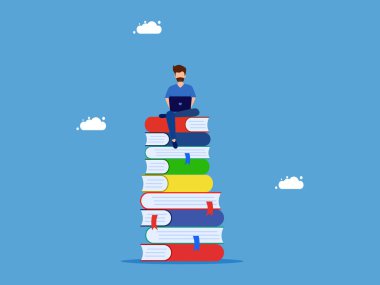 Ömür boyu öğrenme. Adam dizüstü bilgisayarla kitap yığını vektörü üzerinde çalışıyor