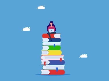 Ömür boyu öğrenme ya da bilgi arayışı. Dizüstü bilgisayarla çalışan kadın kitap yığını vektörü