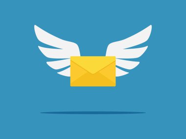 Melek kanatlarına iliştirilmiş zarflar. Mesaj yollamak ve hayal gücüyle uçmak. vektör illüstrasyonu