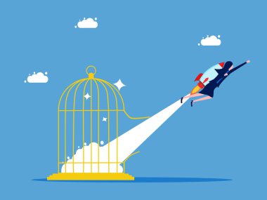 Özgürlüğe ve güvenli bölgeden çıkmaya ihtiyacım var. İş kadını roketle kafesten uçar. iş konsepti vektörü