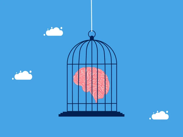 Controla Pensamentos Cérebro Humano Cérebro Preso Vetor Gaiola Pássaro — Vetor de Stock
