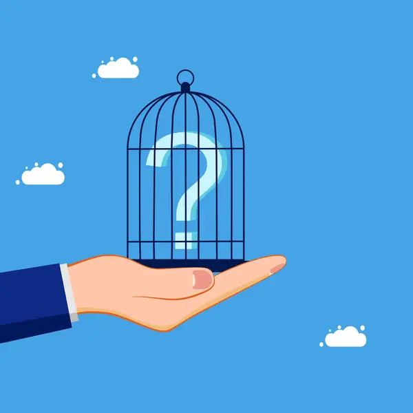 Contrôle Des Problèmes Point Interrogation Coincé Dans Une Cage Oiseaux — Image vectorielle