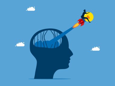 İş dünyasının yaratıcı fikirleri. Cesur adam hapishaneden ampul taşıyıcısı olan bir insan kafasıyla çıkıyor.