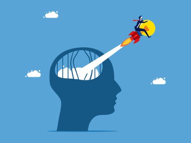 İş dünyasının yaratıcı fikirleri. Cesur iş adamı hapishaneden ampul taşıyıcısı olan bir insan kafasıyla çıkar.