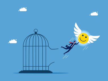 Bağımsız hayatta mutluluk. İyimser iş adamı hapishane vektöründen kaçtı