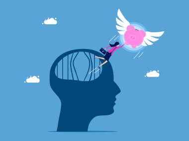 Özgürlük ve tasarruf. Bir domuz kumbarası iş kadınını beyin hapishanesinden kaçırır. Yatırım finans kavramı