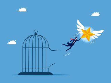 Özgürlük ve başarı. İşadamı yıldız vektörüyle hapishaneden kaçtı