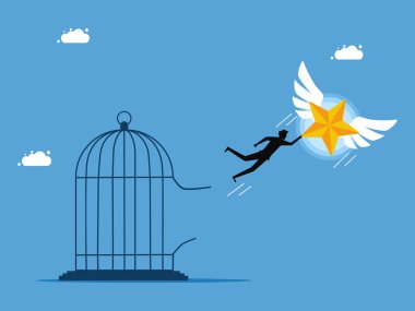 Özgürlük ve başarı. Adam yıldız vektörüyle hapishaneden kaçtı.