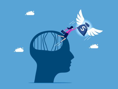 Finans ve bağımsızlık. İş kadını para çantası vektörüyle beyin hapishanesinden kaçtı