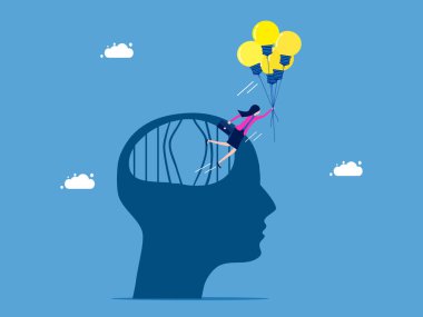 Düşünme ve yeni şeyler öğrenme özgürlüğü. İş kadını beyin hapishanesinden ampul balon vektörüyle kaçtı