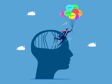 Fikirlerini ifade etmekte özgürsün. İş adamı konuşma balonu vektörüyle beyin hapishanesinden kaçtı