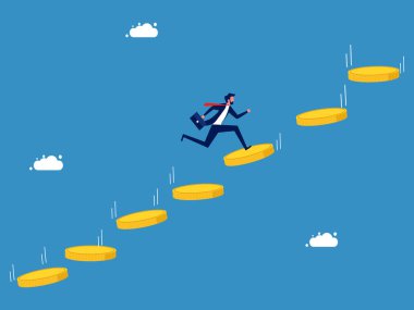 Finansal ilerleme ya da para oyunu. Madeni para merdiveni vektörü boyunca koşan bir işadamı