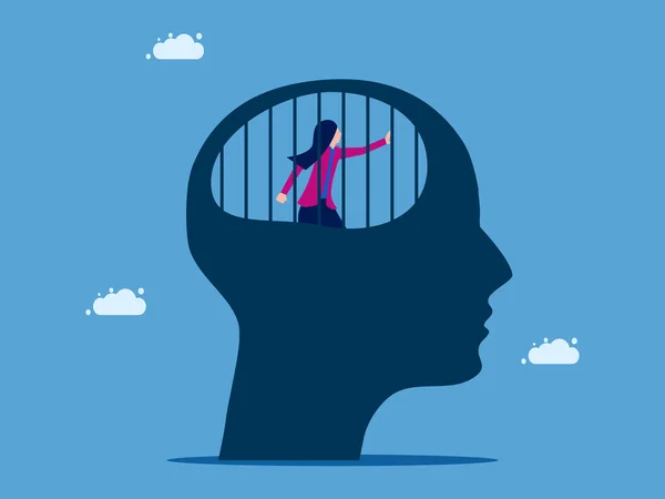 Κολλημένος Στη Συμβατική Σκέψη Γυναίκα Ένα Ανθρώπινο Κεφάλι Φορέα Φυλακή — Διανυσματικό Αρχείο