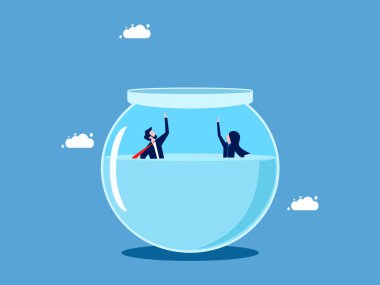 Destek eksikliği ya da iş krizi. İş adamı ve kadın su vektörüne düşer.