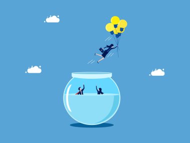 Yaratıcılıktan arınmış. Akvaryumdan çıkan ampul balonlu kadın. iş konsepti vektörü