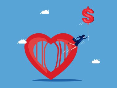 Para sayesinde özgürlükle yaşamak. Para dolu balonlarla yüzen kadın kalp vektöründen çıkıyor.