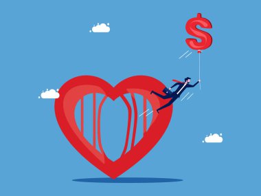 Para sayesinde özgürlükle yaşamak. Para dolu balonlarla yüzen bir işadamı kalp vektöründen çıkıyor.