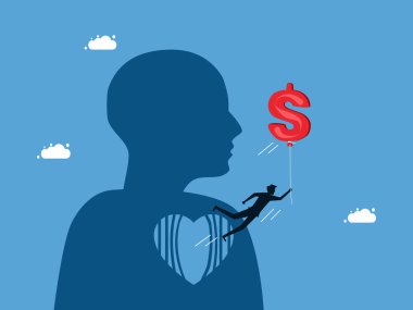 Para sayesinde özgürlükle yaşamak. Para dolu balonlarla yüzen bir işadamı kalp vektöründen çıkıyor.