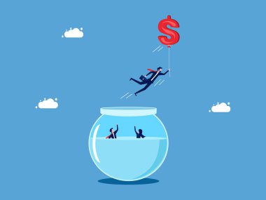 Paralı, bağımsız bir hayat. İş adamı para dolu balonlarla akvaryum taşıyıcısından uçar.