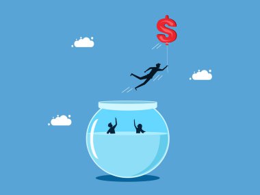 Paralı, bağımsız bir hayat. Adam para dolu balonlarla akvaryum taşıyıcısından uçuyor.