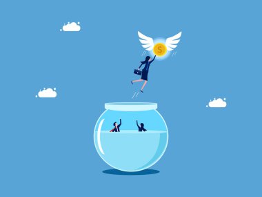 Finans ve bağımsızlık kavramı. Kadın hapishaneden bozuk paralarla çıkıyor. Vektör illüstrasyonu