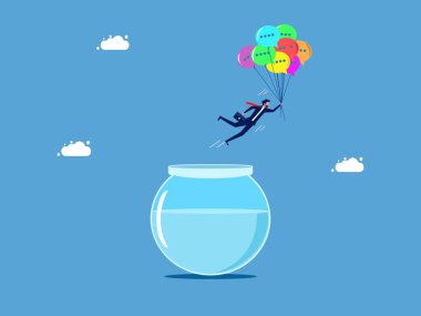 İletişim kurmak ve yararlı bilgiler almak. İş adamı tehlikeli bölgelerden gelen konuşma balonlarıyla yüzüyor.