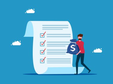 Paralı ve listeli bir adam. Yatırım ve finansal planlama. vektör illüstrasyonu